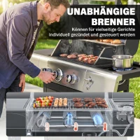 Outsunny Gasgrill 10,5 KW 3+1 Brenner BBQ Grillwagen Edelstahl inkl Seitenbrenner Flaschenöffner Thermometer Gusseisen-Grillrost(m-5)