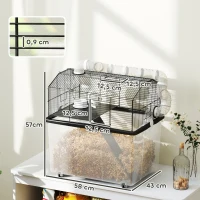 PawHut Gabbia per Criceti a 2 Piani con Ruote, Tubi, Ciotola, Bottiglia e Rampa, 58x43x57 cm, Nero(m-3)