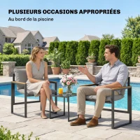 Outsunny Salon de jardin 3 pièces 2 places avec 2 fauteuils 1 table basse, plateau en verre trempé et coussins, gris(m-8)