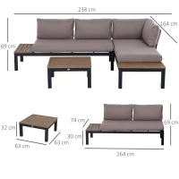 Outsunny 3 Pieces Garden Furniture Set, Aluminium 4 Seater Corner Sofa Set with 2 Loveseats, Coffee Table and Side Trays, Outdoor Conversation Furniture with Cushions for Garden, Black(m-4)