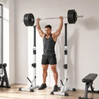 HOMCOM Set 2 Supporti Bilanciere in Acciaio con 3 Ganci, Altezza Regolabile e Portata 200kg, Argento e Nero(m-8)