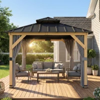 Outsunny 3 x 3 m Outdoor Hardtop Gazebo Canopy with 2-Tier Steel Roof, Wood Garden Gazebo with Curtains, Grey(m-10)