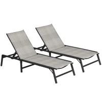 Outsunny Foldable Outdoor PE Rattan Sun Lounger Set of 2, Patio Wicker Recliners Lounge Chair w/ 5-Level Adjustable Backrest, for Poolside, Garden, Mixed Grey(m-1)