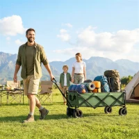 Outsunny Chariot de Jardin Pliable 130L avec Roues, Remorque Robuste avec Freins, Poignée Réglable, vert(m-10)
