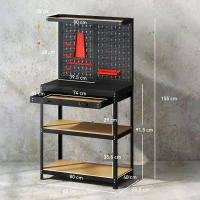 HOMCOM Banc de lucru cu panou perforat pentru scule, 2 rafturi și sertar, din oțel și lemn, 80x40,5x155 cm, negru(m-3)