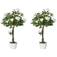 Outsunny Set of 2 Artificial Plants White Rose Floral in Pot, Fake Plants for Home Indoor Outdoor Decor, 90cm(m-1)