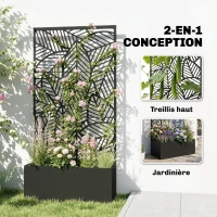 Outsunny Jardinière avec treillis, bac à fleurs, lit surélevé avec brise-vue, pour plantes grimpantes métal 90 x 30 x 170 cm noir(m-4)