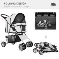 PawHut Dog Stroller with Rain Cover for Small Miniature Dogs, Folding Pet Pram with Cup Holder, Storage Basket, Reflective Strips, Grey(m-6)