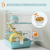 PawHut Cușcă pentru Hamsteri pe 3 Niveluri și 12 Tuburi cu Căsuță, Rampă, Boluri, Rezervor de Apă și Tavă Antipicurare, Cușcă pentru Hamsteri din Metal și Plastic, 34.5x27.5x41 cm, Albastru(m-6)