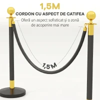 HOMCOM Stâlpi de delimitare din oțel inoxidabil cu frânghie catifelată neagră de 1,5 m și bază umplibilă, Ø32x96 cm(m-5)