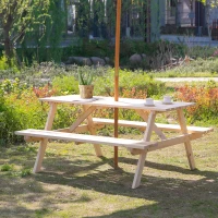 Outsunny 6 Seater Wooden Picnic Table Bench for Outdoor Garden or Patio with Parasol Cutout 150 cm Natural Wood Finish(m-2)