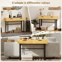 HOMCOM Console meuble 110 cm, table console étroite avec 2 tiroirs, cadre en métal et design sans poignées, bois naturel(m-6)