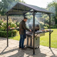 Outsunny Grillpavillon 2,52 x 1,56 m, Wasserdicht Grill Pavillon mit Satteldach Seitenablage Haken Stahlrahmen Schwarz(m-9)
