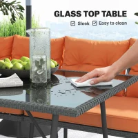 Outsunny 6 Piece Rattan Garden Furniture Set, 8 Seater Garden Corner Sofa with Cushions and Glass Top Table, Orange(m-7)