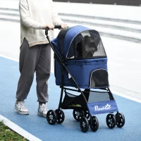 PawHut Passeggino per Cani con Cesto, Cuscino e 2 Guinzagli, in Acciaio e Tessuto Oxford, 81x48x99 cm, Nero e Blu Scuro(m-10)