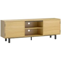HOMCOM Meuble TV, meuble télé jusqu'à 65 pouces, 2 portes à ouverture par pression et 2 étagères, 160x35x55,5cm, bois naturel(m-1)