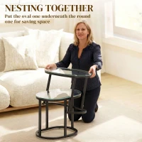 HOMCOM Nest of Tables with Steel Frame and Tempered Glass Tabletop, Modern Coffee Table Set of 2, Black(m-4)