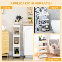 HOMCOM Carrello Cucina a 4 Ripiani con Ganci, in Acciaio e Plastica su Ruote Girevoli per Soggiorno, Ufficio e Lavanderia, 40x19x90 cm, Bianco(m-6)