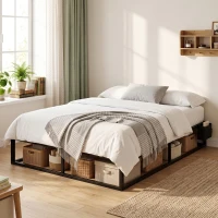 HOMCOM Cadru de pat 140 x 190 cm cu somier, pat dublu cu buzunar de depozitare, suport cu lamele din lemn, negru(m-7)