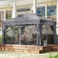 Outsunny Cenador de Jardín 4x3m Pabellón de Jardín Gazebo con Doble Techo 4 Cortinas y Mosquitera Marco de Aluminio UPF50+ Gris(m-10)