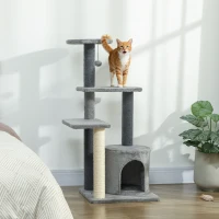 PawHut Albero per Gatti Multilivello Alto 103 cm con Pali Tiragraffi in Sisal, Casetta e Pallina in Peluche, Grigio(m-10)
