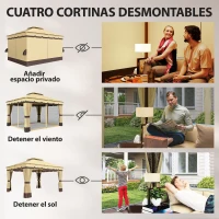 Outsunny Cenador de Jardín 3,7x3 m con Doble Techo 4 Cortinas y Mosquitera Marco de Acero Orificios de Drenaje  UV30+ Beige(m-6)