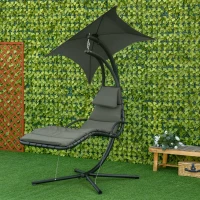 Outsunny Bain de Soleil transat Suspendu Chaise Suspendu Extérieur avec Pare-Soleil et Matelas Design Contemporain 190L x 110l x 190H cm Acier Polyester Gris foncé Noir(m-10)