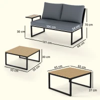 Outsunny 4 Seater Metal Garden Furniture Set, Corner Garden Sofa Set with 2 Loveseats, 2 Nesting Tables, Arm Side Trays, Teak(m-3)