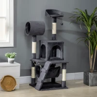 PawHut Albero per Gatti con Tiragraffi per Gatti, Casetta per Gatti, Amaca, Letto, Tunnel e Pallina, 48x48 x125 cm, Grigio Scuro(m-10)