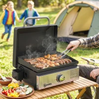 Outsunny Grill Griddle, Portable Gas Plancha, 3.5 kW, Tabletop Gas BBQ with Grease Cup for Camping Picnic Patios, Black(m-14)