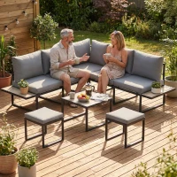 Outsunny Salon de jardin extérieur 6 personnes modulable table basse et plateaux latéraux en bois PSPC coussins épais 10cm gris(m-9)