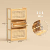HOMCOM Zapatero Estrecho de Bambú con 3 Cajones Abatibles de Ratán para 18-21 Pares de Zapatos 69x29x119,8 cm Natural(m-3)