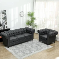 HOMCOM Fotoliu Stil Chesterfield din Piele Ecologică PU cu Picioare din Lemn, Negru(m-7)