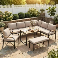 Outsunny Salon de Jardin 7 Pièces Ensemble Canapé d'Angle Extérieur Modulable avec Table en WPC et Pouf Beige et Gris(m-2)