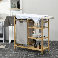 HOMCOM Cestino Portabiancheria in Bambù e Poliestere con Asse da Stiro e Ripiano a 3 Livelli, 113x34x82 cm(m-10)