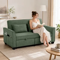 HOMCOM 2 Seater Sofa Bed, 4-in-1 L-Shaped Convertible Pull-Out Sleeper Sofa with Adjustable Backrest Side Pockets, Dark Green(m-14)