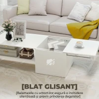 HOMCOM Măsuță de Cafea din Lemn cu Blat Glisant și Raft Deschis și Ascuns, 110x52x36 cm, Alb(m-4)