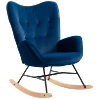 HOMCOM Schaukelstuhl mit Steppung, Holzkufen, Samtoptik, bis 150 kg, Blau(m-11)