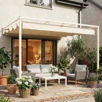 Outsunny Pergola Addossata 3x3 m con Tetto Retrattile Scorrevole UV30+ e Fori di Drenaggio, Beige(m-2)