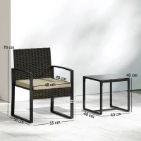 Outsunny Rattan Bistro Set, 3 Piece Garden Furniture Set with Glass Top Table and Cushions, Khaki(m-3)