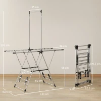 HOMCOM Tendedero Vertical Plegable con Alas Ajustables 4 Soportes para Calzado Barra y Estante 139x62,5x201 cm Plata(m-3)