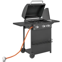 Outsunny Barbacoa de Gas con 3 Quemadores Parrilla para 5-9 Personas Quemador Lateral Termómetro y Ruedas 123x58x98 cm Negro(m-1)