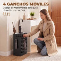 HOMCOM Paragüero de Acero Galvanizado Soporte de Paraguas Estrecho con Bandeja de Goteo Extraíble 4 Ganchos 28x14x41 cm Negro(m-5)