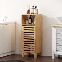 HOMCOM Mueble Auxiliar de Baño Estrecho con Puerta de Lamas Balda Abierto Estante Ajustable 30x30x80 cm Natural(m-9)