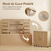 HOMCOM Masă de Cusut Pliabilă cu Roți, 4 Recipiente, 20 Pini, Raft, Panou de PAL, Stejar(m-5)