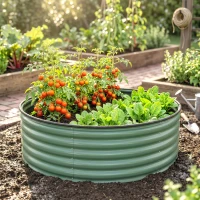 Outsunny Galvanised Raised Garden Bed with Safety Edging, Outdoor Raised Planter Box with Gloves, 120 x 120 x 43cm, Light Green(m-8)