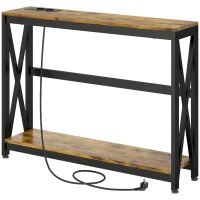 HOMCOM Mesa de Entrada de 2 Niveles con Estación de Carga 2 USB y Marco de Acero Mueble de Recibidor 100x24x75cm Marrón Rústico(m-11)
