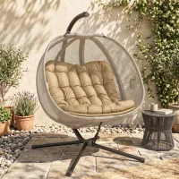 Outsunny Double Hanging Egg Chair 2 Seaters Texteline Swing Hammock Chair with Stand, Cushion and Folding Design, for Indoor and Outdoor, Brown(m-2)