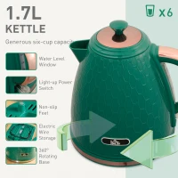 HOMCOM Kettle and Toaster Set, 1.7L 3000W Fast Boil Jug Kettle with Auto Shut Off, 4 Slice Toaster with 7 Level Browning Controls & Crumb Tray, UK Otter Thermostat, Green(m-4)