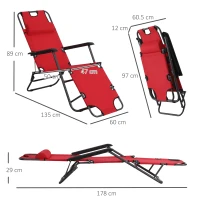 Outsunny 2 in 1 Folding Sun Lounger Reclining Garden Chair Set of 2 with 2-Level Adjustable Backrest, Outdoor Zero Gravity Recliner Garden Chairs with Head Pillow and Armrests, Red(m-3)
